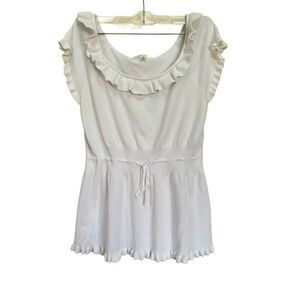 John Paul Richards white romantic ruffle collar blouse short sleeve knit sweater